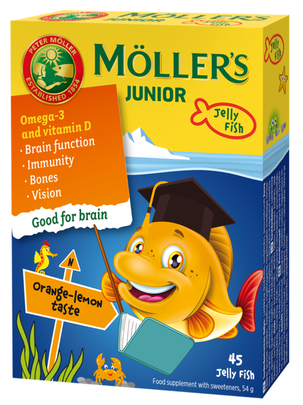 MOLLERS JUNIOR (apelsīnu-citronu garša) želejas zivtiņas, 45 gab.