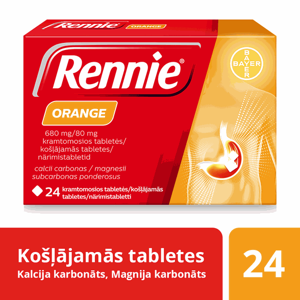 RENNIE Orange 680 mg/80 mg košļājamās tabletes, 24 gab.