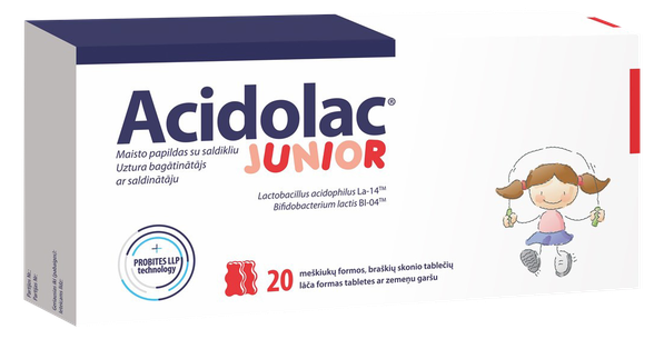 ACIDOLAC Junior ar zemeņu garšu košļājamās tabletes, 20 gab.