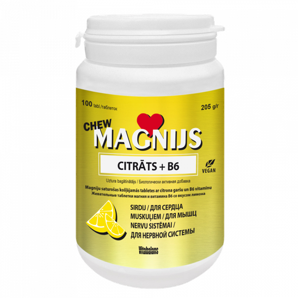 Magnijs Citrats 375 mg + B6 Chew košļājamās tabletes, 100 gab.