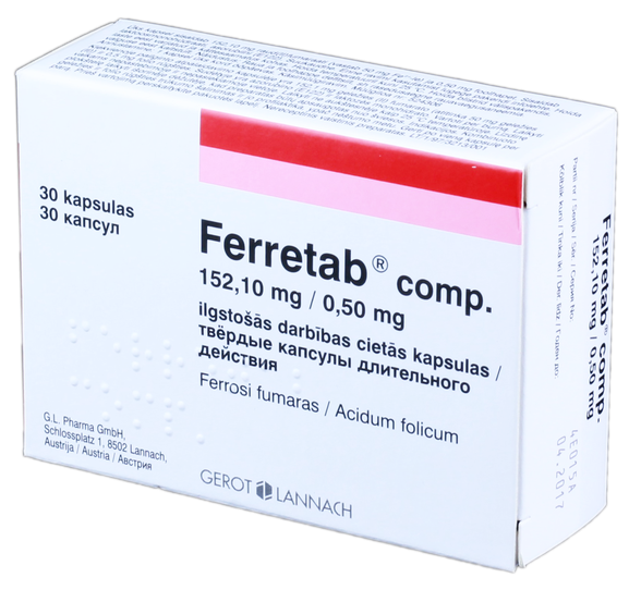 FERRETAB Comp. 152,10 mg/0,50 mg cietās kapsulas, 30 gab.