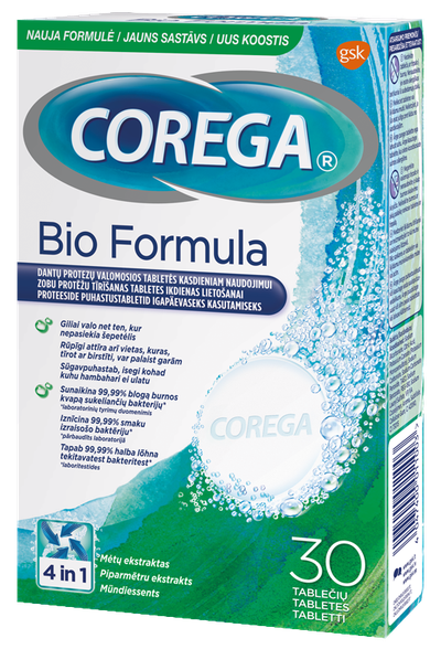COREGA Bio Formula таблетки для очищения зубных протезов, 30 шт.