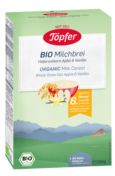 TOPFER Ābolu Un Vaniļas Bio auzu pārslu piena no 6 mēn. biezputra, 200 g