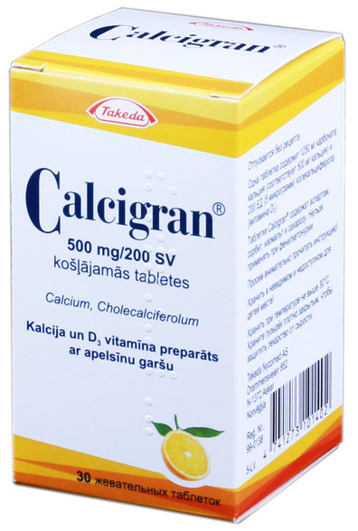 CALCIGRAN 500 mg/200 SV košļājamās tabletes, 30 gab.