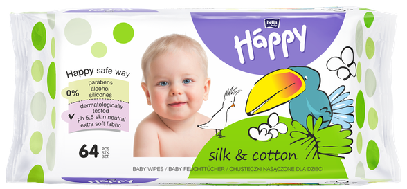 HAPPY   Silk & Cotton wet wipes, 64 pcs.