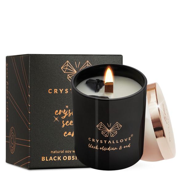 CRYSTALLOVE Black Obsidian & Oud Soy aromātiskā svece, 1 gab.