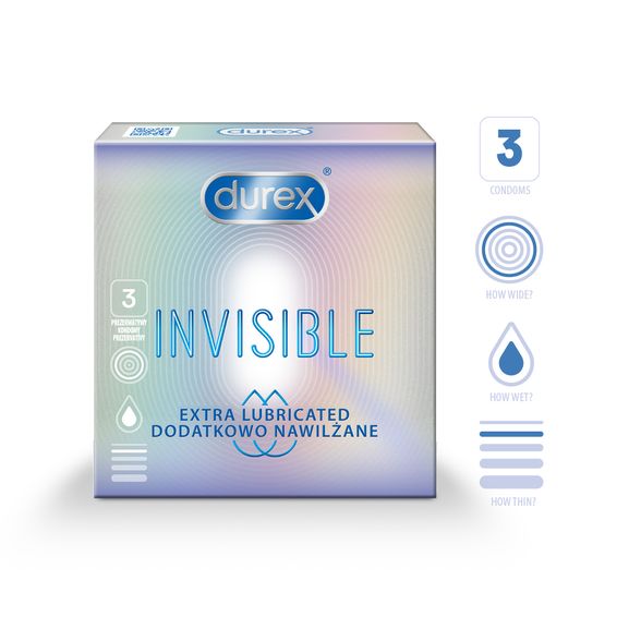 DUREX Invisible Extra Lubricated prezervatīvi, 3 gab.