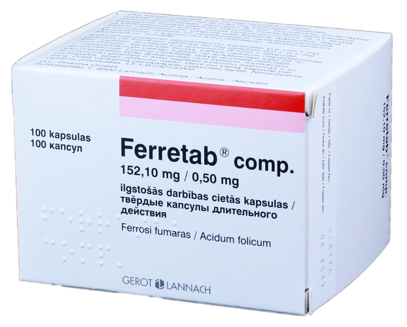 FERRETAB Comp. 152,10 mg/0,50 mg cietās kapsulas, 100 gab.