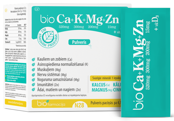 BIOFARMACIJA Bio CA+K+MG+ZN ar D3 vit. pulveris, 28 gab.