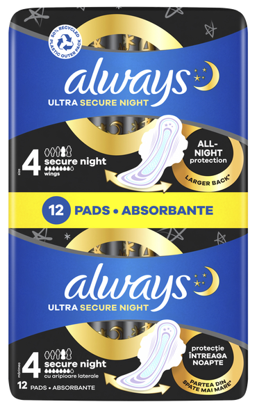 ALWAYS  Ultra Secure Night higiēniskās paketes, 12 gab.