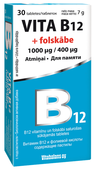 Vitabalans VITA B12 + folskābe 1000 µg /400 µg sūkājamās tabletes, 30 gab.