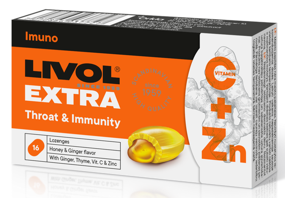 LIVOL  EXTRA Throat & Immunity Ginger-Honey pastilas, 16 gab.