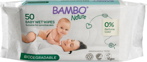 BAMBO Nature Biodegradable mitrās salvetes, 50 gab.