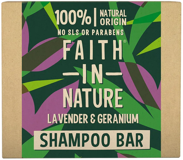 FAITH IN NATURE Lavender & Geranium cietais šampūns, 85 g