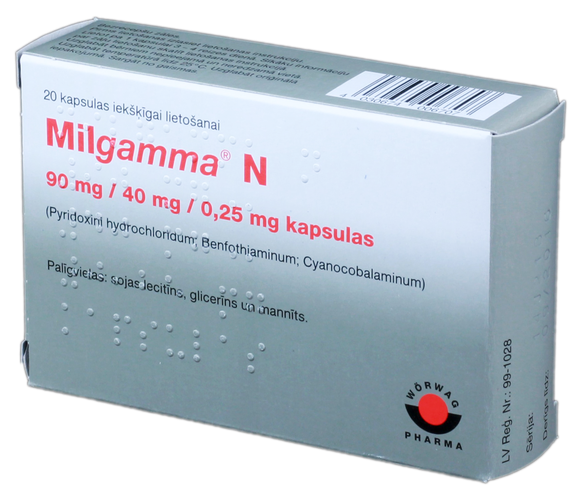 MILGAMMA  N 90 mg/40 mg/0,25 mg kapsulas, 20 gab.