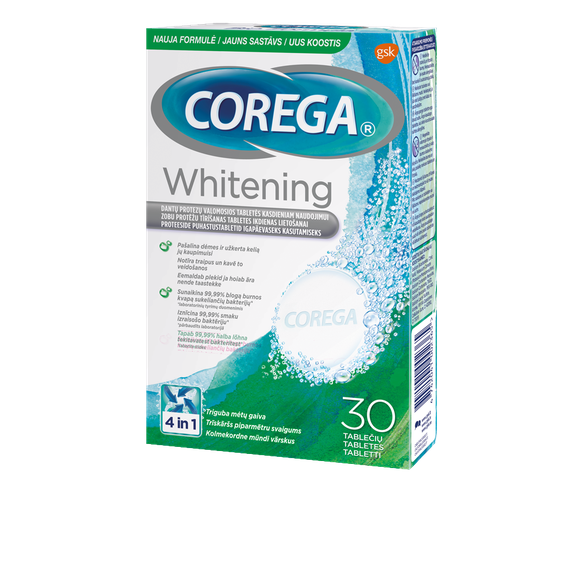 COREGA Whitening tabletes zobu protēžu tīrīšanai, 30 gab.