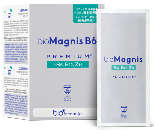 BIOFARMACIJA Biomagnis B6 premium +B6, B12, cinks pulveris, 28 gab.