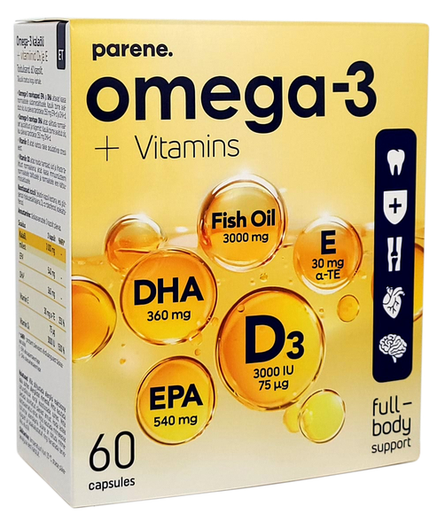 PARENE Omega-3+D3+E kapsulas, 60 gab.