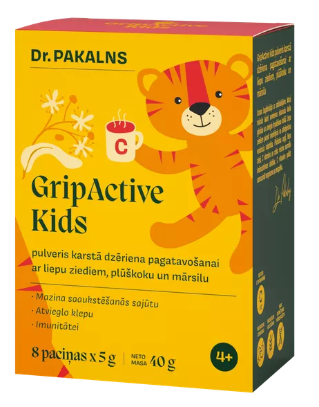 DR. PAKALNS Gripactive Kids Ar Liepu Ziediem, Plūškoku Un Mārsilu karstais dzēriens, 8 gab.