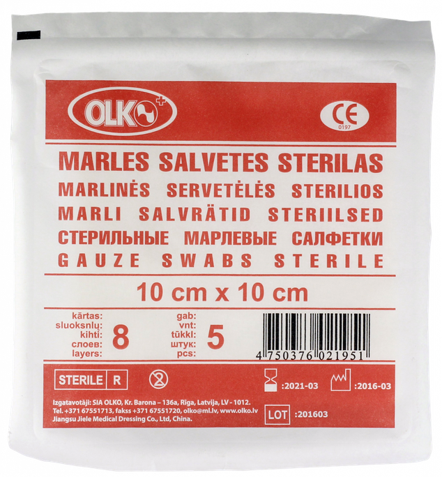 OLKO 8 kārtu 10 x 10 cm marles salvetes, 5 gab. - 1