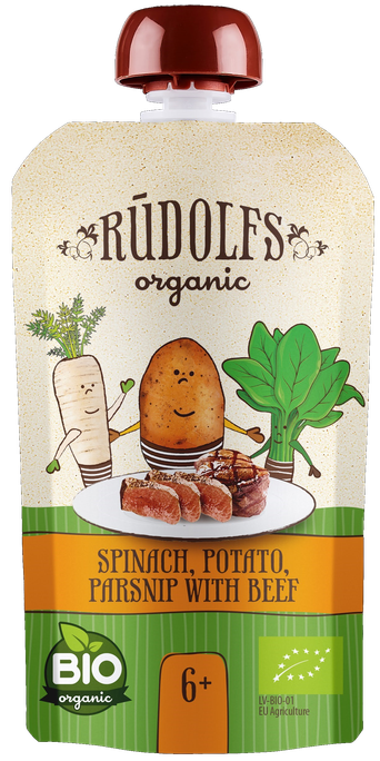 RŪDOLFS Spināti, Kartupelis, Pastinaks Ar Jaunlopu BIO 6+ biezenis, 110 g - 1