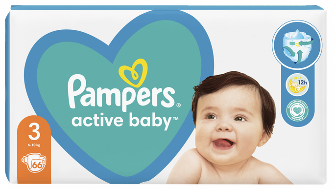 PAMPERS Active Baby Dry 3 (6-10 kg) autiņbiksītes, 66 gab. - 1