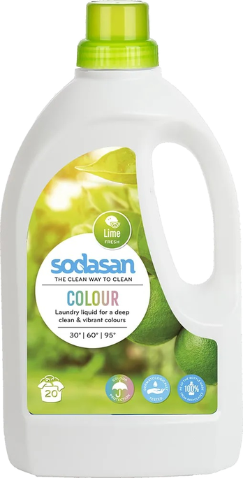 SODASAN Krāsainiem Audumiem Ar Laima Aromātu šķidrais veļas mazgāšanas līdzeklis, 1500 ml - 1