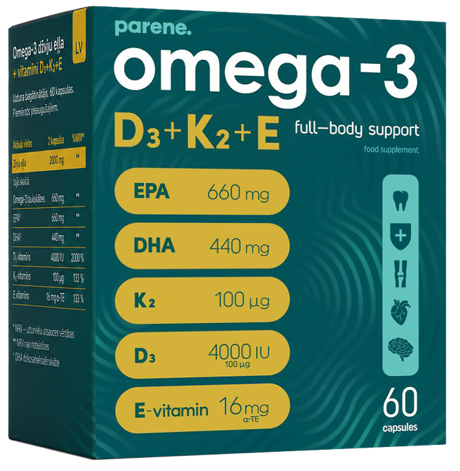 PARENE Omega-3 D3+K2+E kapsulės, 60 vnt. - 1