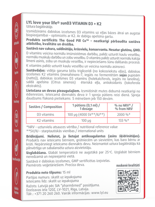 LYL sunD3 D3+K2 | 4000 SV+100 µg (150 devas) sprejs, 15 ml - 2