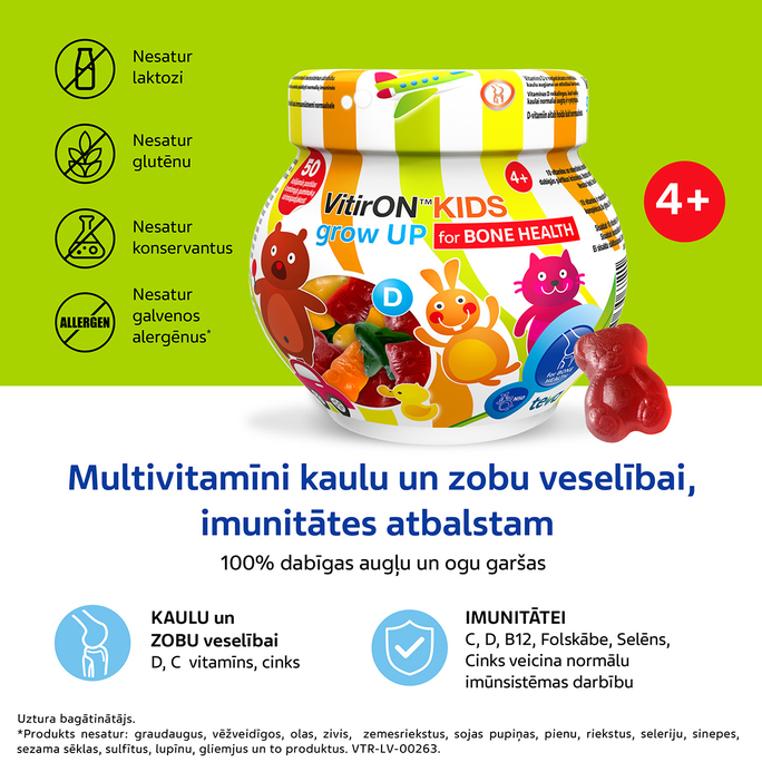 VITIRON Kids Grown UP (4+ g.v.) kaulu veselībai košļājamās pastilas, 50 gab. - 2