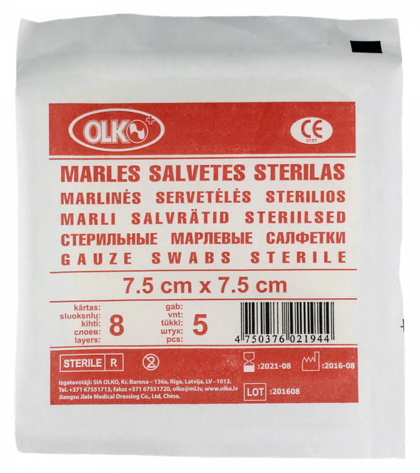 OLKO 8 kārtu 7.5 x 7.5 cm marles salvetes, 5 gab. - 1