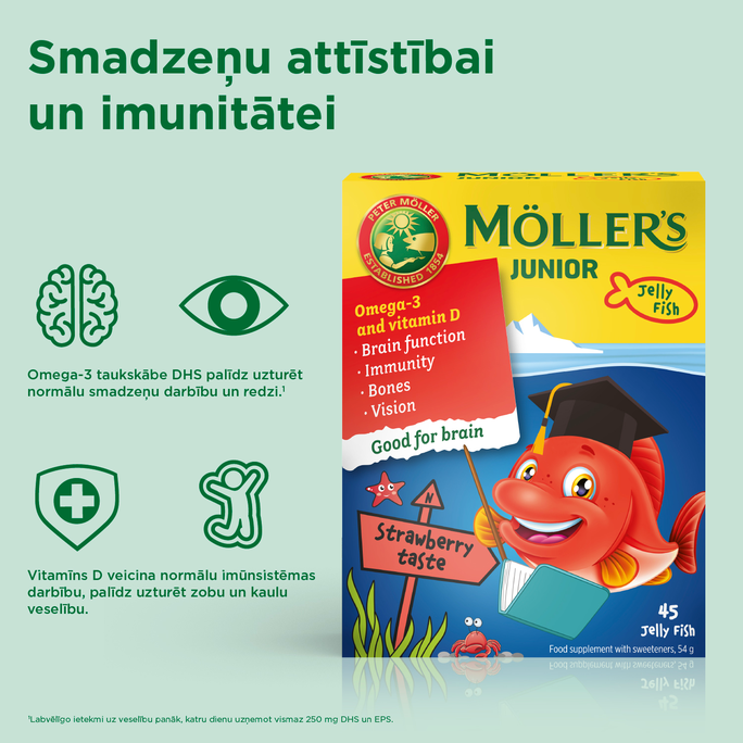 MOLLERS Junior Zivju Eļļa Zemeņu Garša želejas zivtiņas, 45 gab. - 2