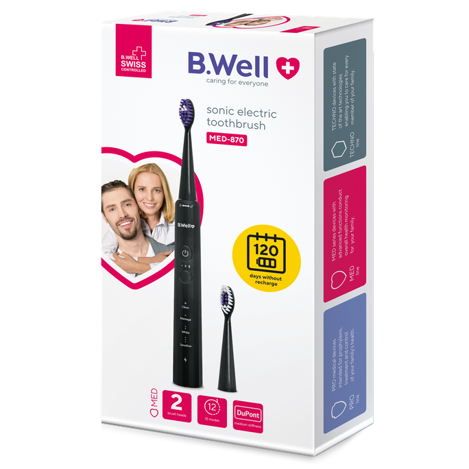 B.WELL Med-870 Sonic, Black elektriskā zobu birste, 1 gab. - 1