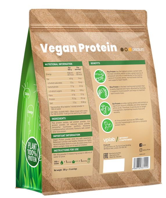 VPLAB Vegan Protein Chocolate pulveris, 500 g - 2
