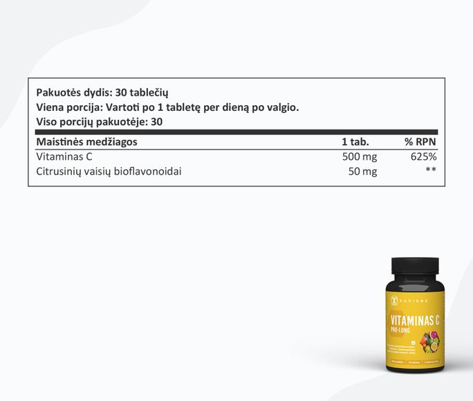 SAPIENS Vitamin C PRO-LONG dengtos tabletės, 30 vnt. - 2