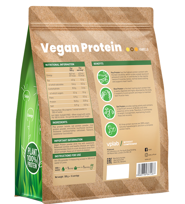 VPLAB Vegan Protein Vanilla pulveris, 500 g - 2