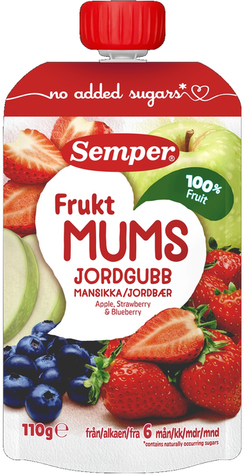 SEMPER Fruktmums Ābolu, Zemeņu, Melleņu (6 mēn.+) biezenis, 110 g - 1