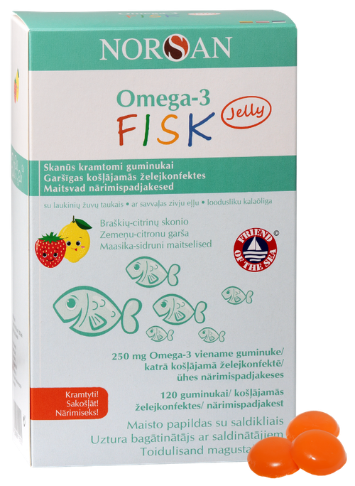 NORSAN Omega-3 Fisk Jelly Ar Zemeņu Un Citronu Garšu želejas konfektes, 120 gab. - 1