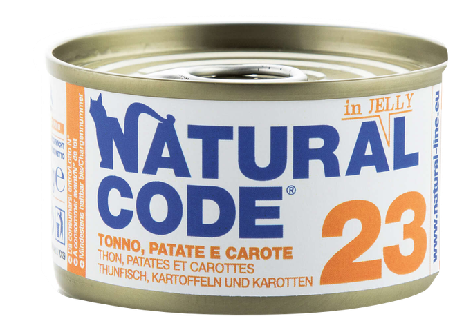 NATURAL CODE 23 Tuncis, Kartupeļi, Burkāni konservi kaķiem, 85 g - 1
