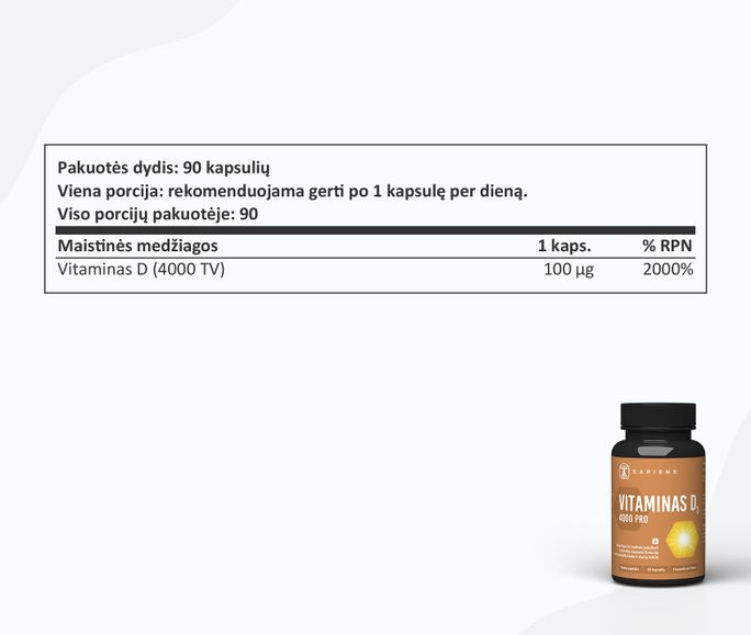 SAPIENS Vitamin D3 4000 PRO kapsulės, 90 vnt. - 2