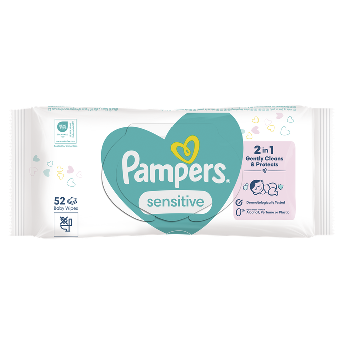 PAMPERS Sensitive, Plastic Free mitrās salvetes, 52 gab. - 1