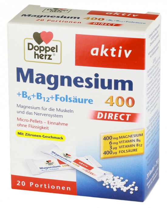DOPPELHERZ Aktiv Magnesium 400 + B6 + B12 + Folsäure Direct paciņas, 20 gab. - 1