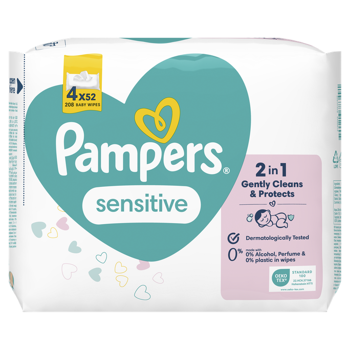 PAMPERS Sensitive, Plastic Free mitrās salvetes, 208 gab. - 1