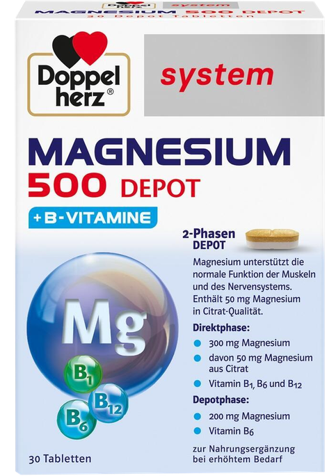 DOPPELHERZ System Magnesium 500 Depot + B vitamine tabletes, 30 gab. - 1