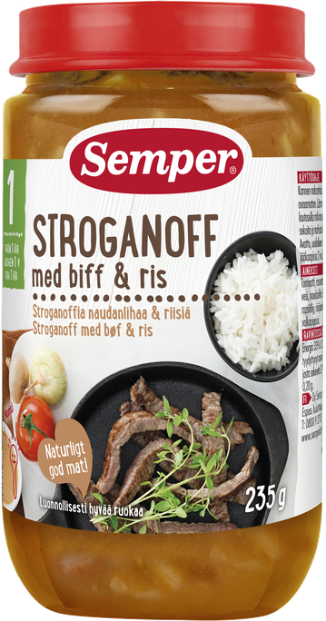 SEMPER Stroganovs Ar Liellopa Gaļu, Rīsiem (12 mēn.+) biezenis, 235 g - 1