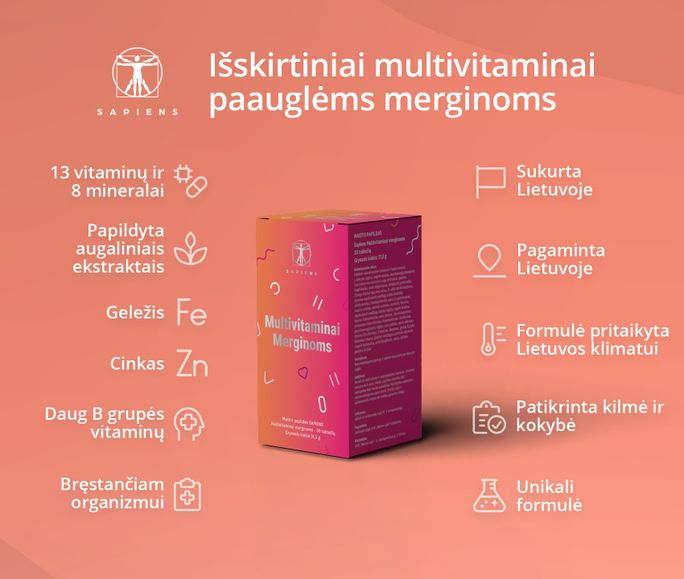 SAPIENS Multivitaminai Merginoms, 13-17 Metų kapsulės, 30 vnt. - 2