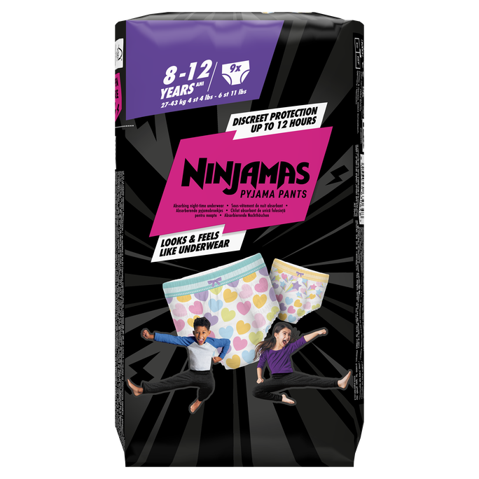 PAMPERS Ninjamas, Nakts, 8-12 gadi, 27-43 kg, Pink biksītes, 9 gab. - 1