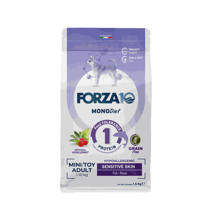 FORZA10 Monodiet Sensitive Skin Mini/Toy Adult Ar Zivi, Suņiem sausā barība, 1.5 kg - 1