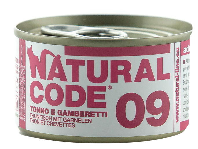 NATURAL CODE 09 Tuncis Un Garneles konservi kaķiem, 85 g - 1