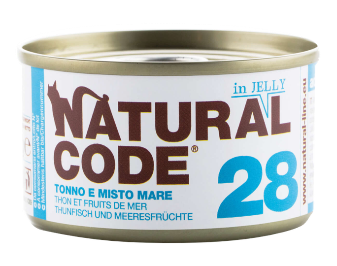 NATURAL CODE 28 Tuncis Un Jūras Veltes konservi kaķiem, 85 g - 1
